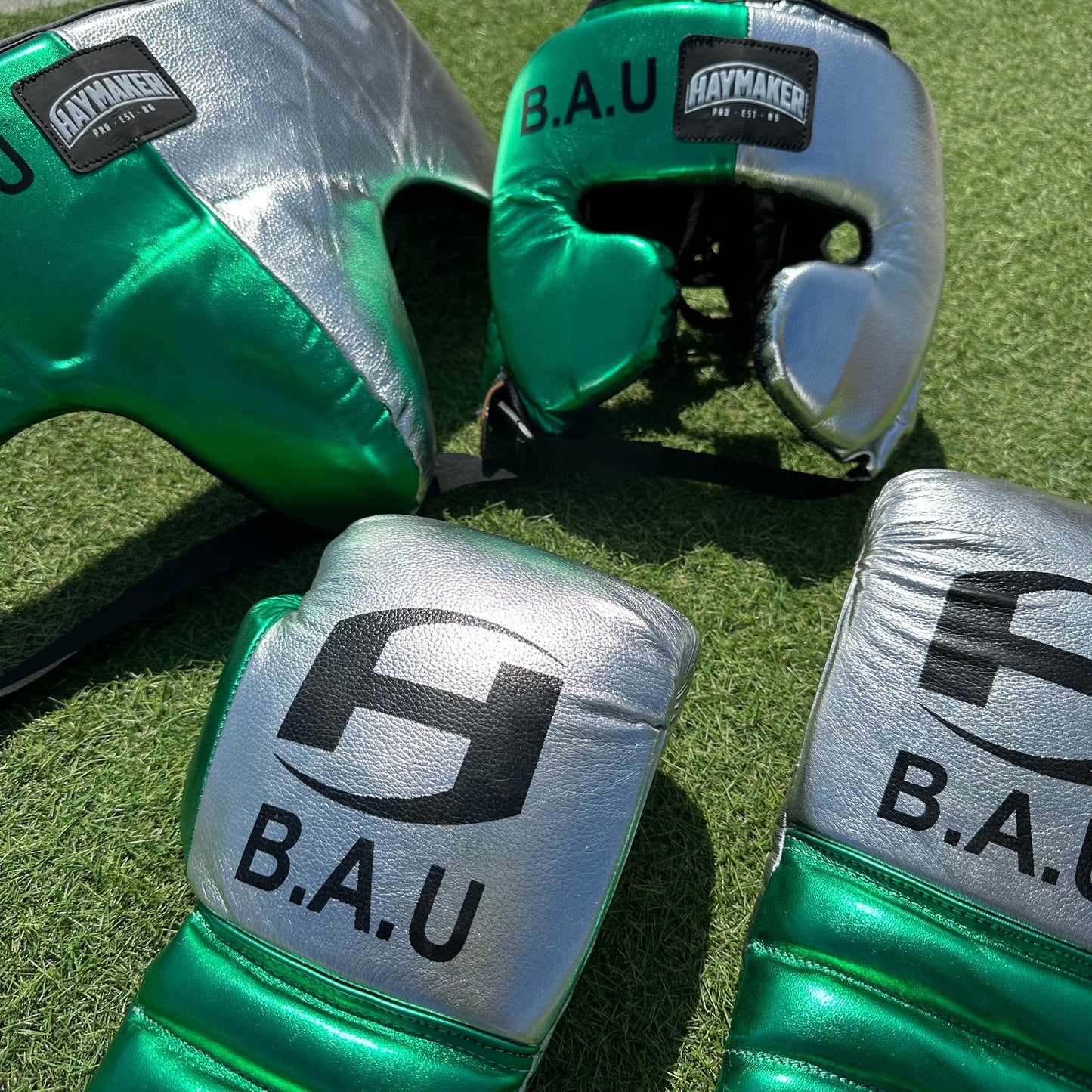 METALLIC GREEN & SILVER | BOXING GLOVES & SPARRING SET | 100% LEATHER